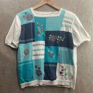 Vtg Alfred Dunner Patchwork Sweater Women XL Floral Embroidered Short Sleeve